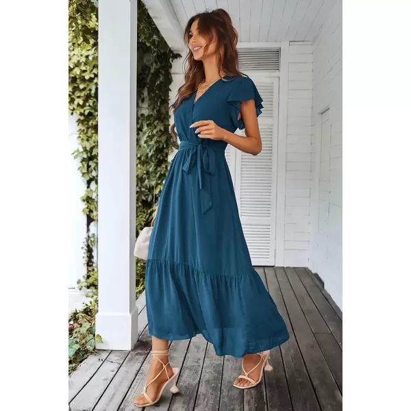 imagePRETTYGARDEN Womens 2024 Floral Boho Dress Wrap V Neck Short Sleeve Belted Ruffle Hem ALine Flowy Maxi DressesSolid Lake Blue