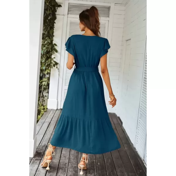 imagePRETTYGARDEN Womens 2024 Floral Boho Dress Wrap V Neck Short Sleeve Belted Ruffle Hem ALine Flowy Maxi DressesSolid Lake Blue