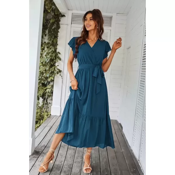imagePRETTYGARDEN Womens 2024 Floral Boho Dress Wrap V Neck Short Sleeve Belted Ruffle Hem ALine Flowy Maxi DressesSolid Lake Blue