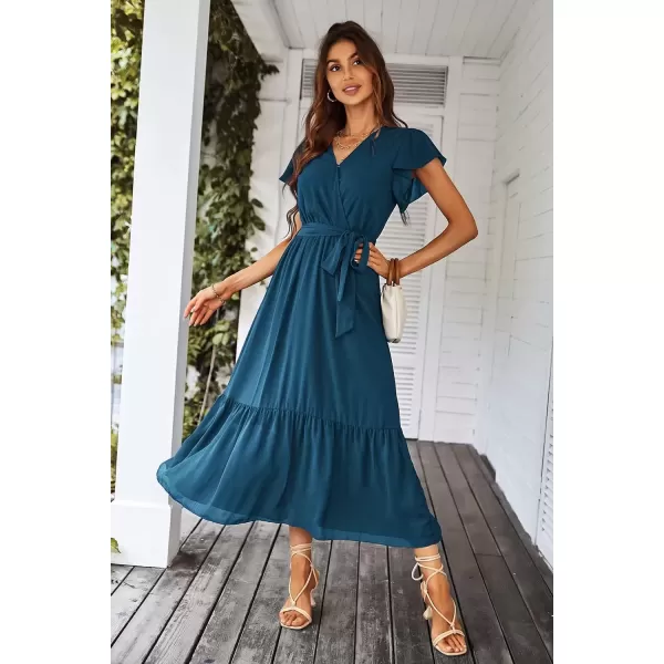 imagePRETTYGARDEN Womens 2024 Floral Boho Dress Wrap V Neck Short Sleeve Belted Ruffle Hem ALine Flowy Maxi DressesSolid Lake Blue