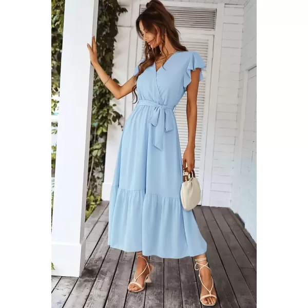 imagePRETTYGARDEN Womens 2024 Floral Boho Dress Wrap V Neck Short Sleeve Belted Ruffle Hem ALine Flowy Maxi DressesSolid Light Blue