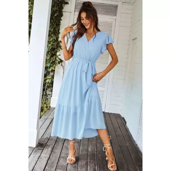 imagePRETTYGARDEN Womens 2024 Floral Boho Dress Wrap V Neck Short Sleeve Belted Ruffle Hem ALine Flowy Maxi DressesSolid Light Blue
