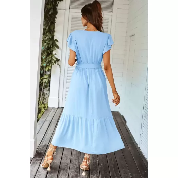 imagePRETTYGARDEN Womens 2024 Floral Boho Dress Wrap V Neck Short Sleeve Belted Ruffle Hem ALine Flowy Maxi DressesSolid Light Blue