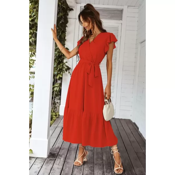 imagePRETTYGARDEN Womens 2024 Floral Boho Dress Wrap V Neck Short Sleeve Belted Ruffle Hem ALine Flowy Maxi DressesSolid Orange