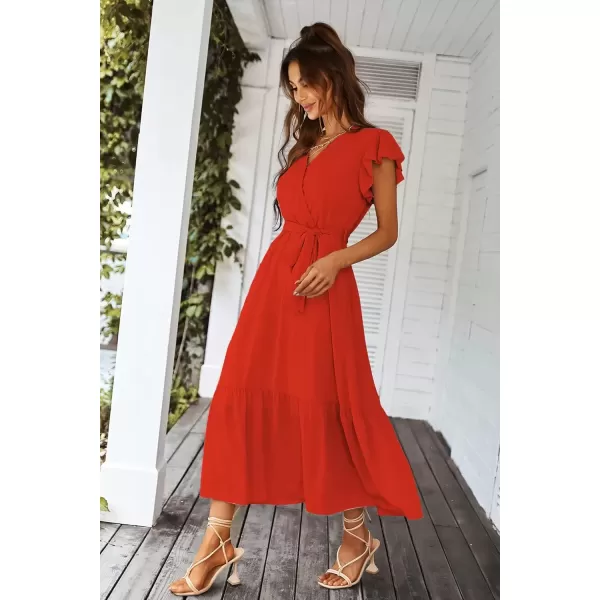 imagePRETTYGARDEN Womens 2024 Floral Boho Dress Wrap V Neck Short Sleeve Belted Ruffle Hem ALine Flowy Maxi DressesSolid Orange