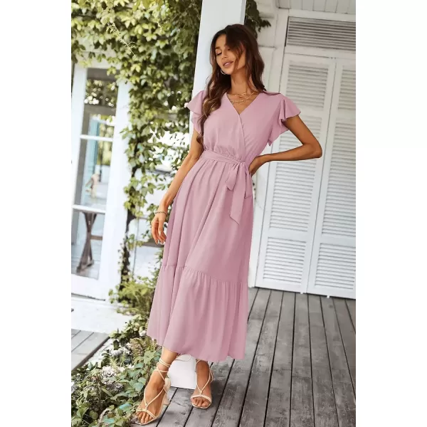 imagePRETTYGARDEN Womens 2024 Floral Boho Dress Wrap V Neck Short Sleeve Belted Ruffle Hem ALine Flowy Maxi DressesSolid Pink