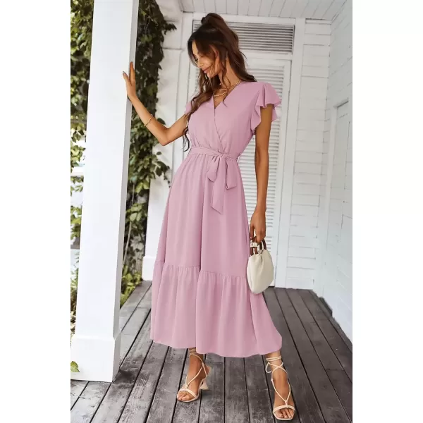imagePRETTYGARDEN Womens 2024 Floral Boho Dress Wrap V Neck Short Sleeve Belted Ruffle Hem ALine Flowy Maxi DressesSolid Pink