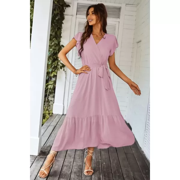 imagePRETTYGARDEN Womens 2024 Floral Boho Dress Wrap V Neck Short Sleeve Belted Ruffle Hem ALine Flowy Maxi DressesSolid Pink