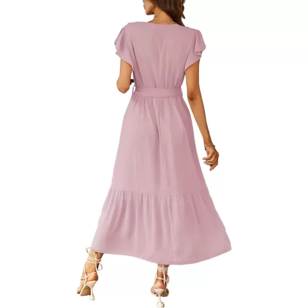 imagePRETTYGARDEN Womens 2024 Floral Boho Dress Wrap V Neck Short Sleeve Belted Ruffle Hem ALine Flowy Maxi DressesSolid Pink