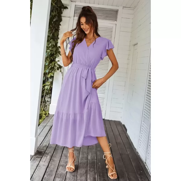 imagePRETTYGARDEN Womens 2024 Floral Boho Dress Wrap V Neck Short Sleeve Belted Ruffle Hem ALine Flowy Maxi DressesSolid Purple