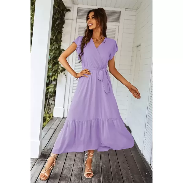 imagePRETTYGARDEN Womens 2024 Floral Boho Dress Wrap V Neck Short Sleeve Belted Ruffle Hem ALine Flowy Maxi DressesSolid Purple