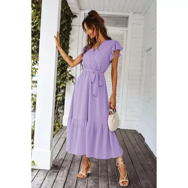 imagePRETTYGARDEN Womens 2024 Floral Boho Dress Wrap V Neck Short Sleeve Belted Ruffle Hem ALine Flowy Maxi DressesSolid Purple