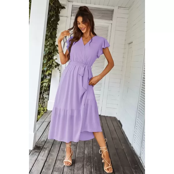 imagePRETTYGARDEN Womens 2024 Floral Boho Dress Wrap V Neck Short Sleeve Belted Ruffle Hem ALine Flowy Maxi DressesSolid Purple
