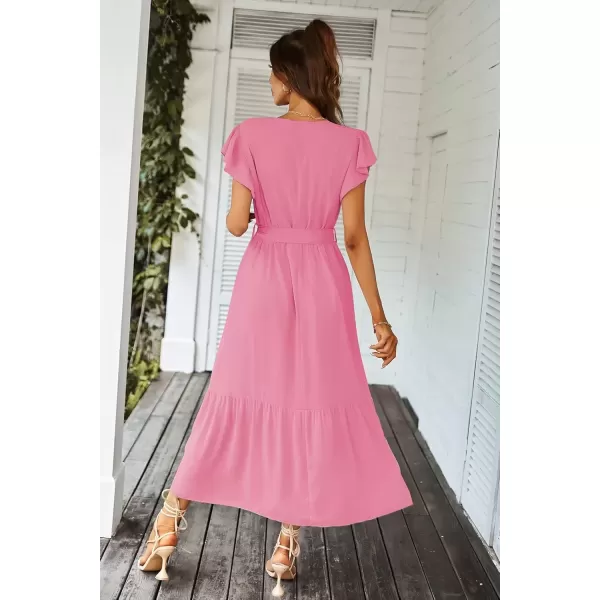 imagePRETTYGARDEN Womens 2024 Floral Boho Dress Wrap V Neck Short Sleeve Belted Ruffle Hem ALine Flowy Maxi DressesSolid Rose Pink