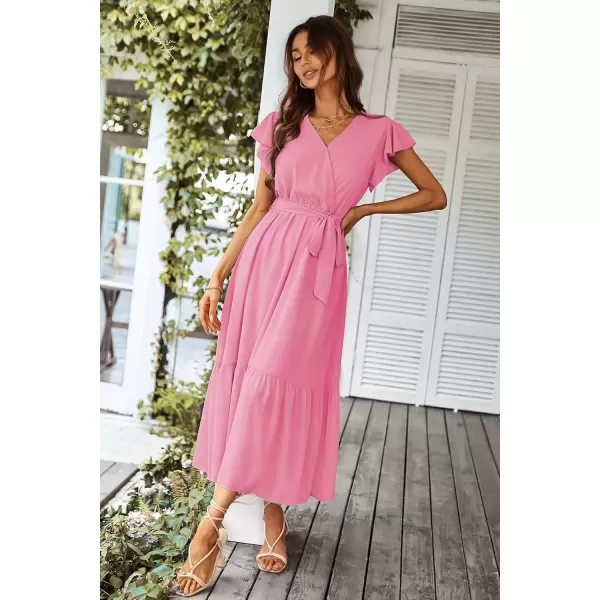 imagePRETTYGARDEN Womens 2024 Floral Boho Dress Wrap V Neck Short Sleeve Belted Ruffle Hem ALine Flowy Maxi DressesSolid Rose Pink