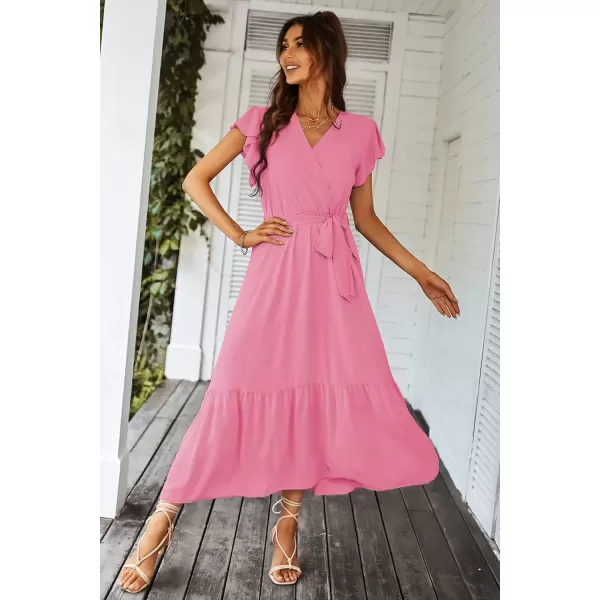 imagePRETTYGARDEN Womens 2024 Floral Boho Dress Wrap V Neck Short Sleeve Belted Ruffle Hem ALine Flowy Maxi DressesSolid Rose Pink