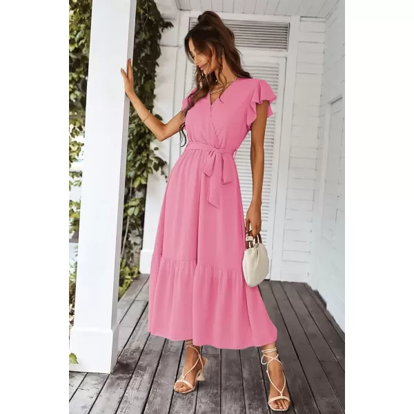 imagePRETTYGARDEN Womens 2024 Floral Boho Dress Wrap V Neck Short Sleeve Belted Ruffle Hem ALine Flowy Maxi DressesSolid Rose Pink