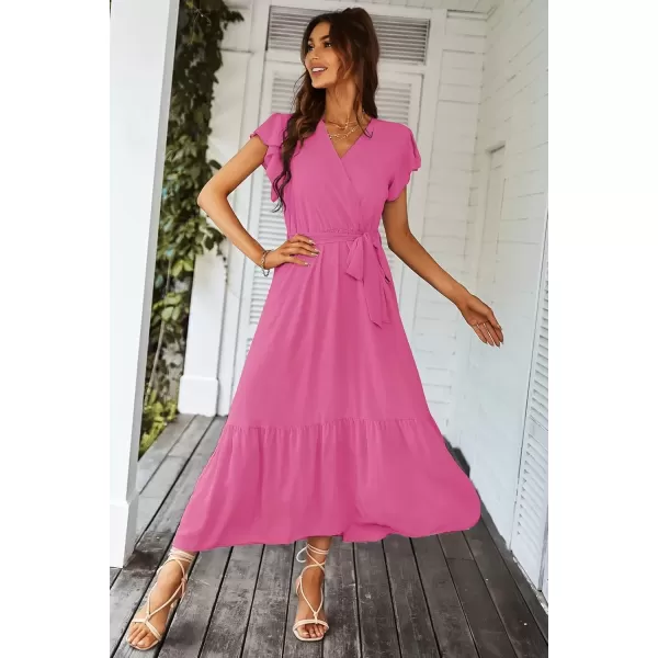 imagePRETTYGARDEN Womens 2024 Floral Boho Dress Wrap V Neck Short Sleeve Belted Ruffle Hem ALine Flowy Maxi DressesSolid Rose Red