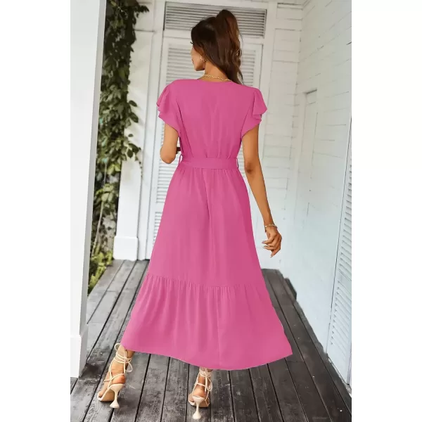 imagePRETTYGARDEN Womens 2024 Floral Boho Dress Wrap V Neck Short Sleeve Belted Ruffle Hem ALine Flowy Maxi DressesSolid Rose Red