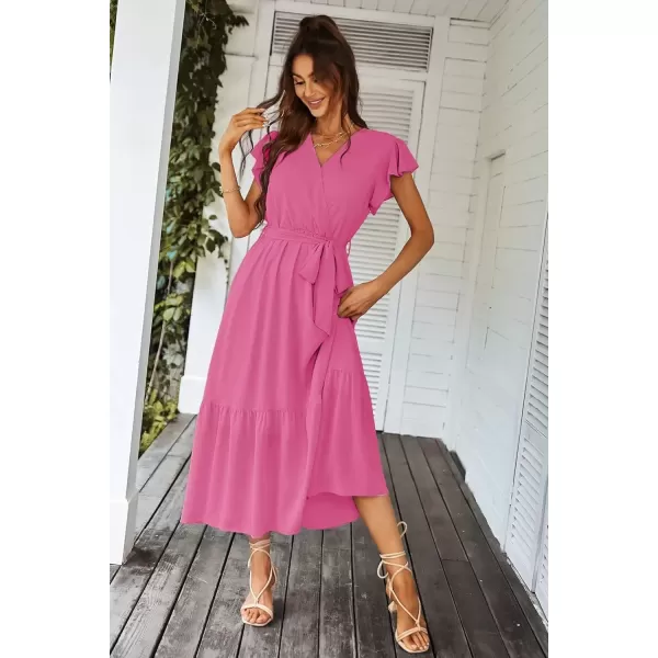 imagePRETTYGARDEN Womens 2024 Floral Boho Dress Wrap V Neck Short Sleeve Belted Ruffle Hem ALine Flowy Maxi DressesSolid Rose Red