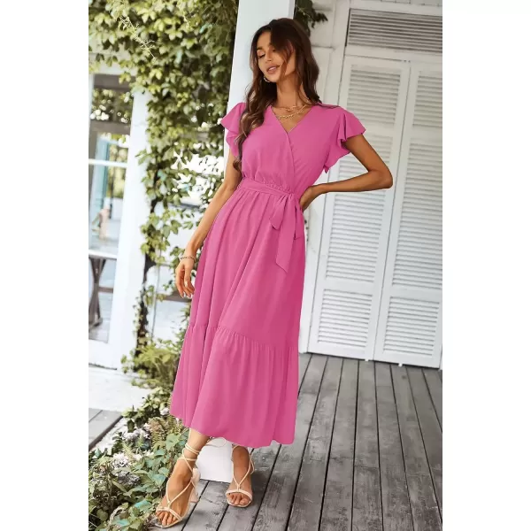 imagePRETTYGARDEN Womens 2024 Floral Boho Dress Wrap V Neck Short Sleeve Belted Ruffle Hem ALine Flowy Maxi DressesSolid Rose Red