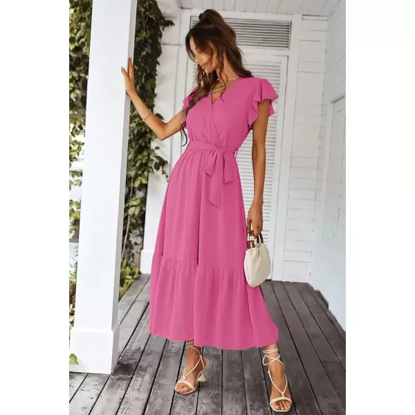 imagePRETTYGARDEN Womens 2024 Floral Boho Dress Wrap V Neck Short Sleeve Belted Ruffle Hem ALine Flowy Maxi DressesSolid Rose Red