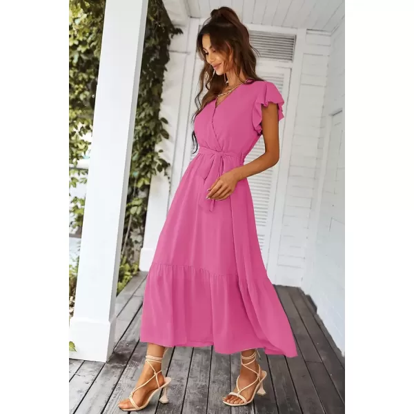 imagePRETTYGARDEN Womens 2024 Floral Boho Dress Wrap V Neck Short Sleeve Belted Ruffle Hem ALine Flowy Maxi DressesSolid Rose Red