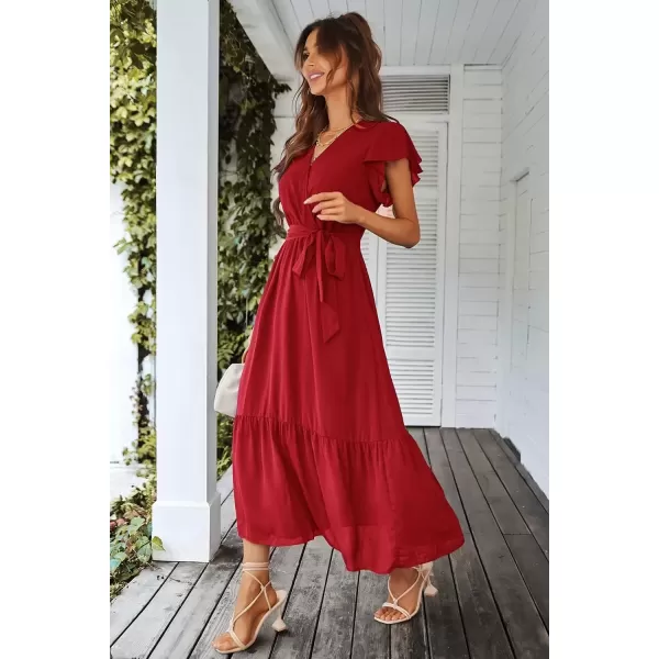 imagePRETTYGARDEN Womens 2024 Floral Boho Dress Wrap V Neck Short Sleeve Belted Ruffle Hem ALine Flowy Maxi DressesSolid Wine Red