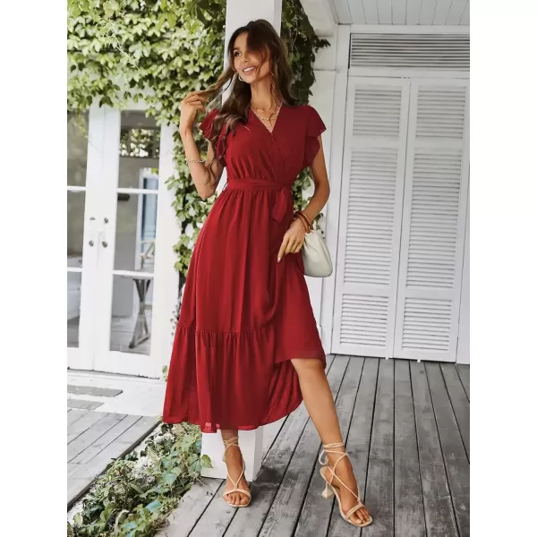 imagePRETTYGARDEN Womens 2024 Floral Boho Dress Wrap V Neck Short Sleeve Belted Ruffle Hem ALine Flowy Maxi DressesSolid Wine Red