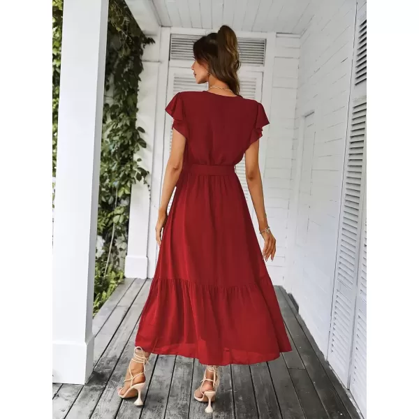 imagePRETTYGARDEN Womens 2024 Floral Boho Dress Wrap V Neck Short Sleeve Belted Ruffle Hem ALine Flowy Maxi DressesSolid Wine Red