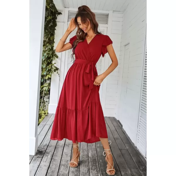 imagePRETTYGARDEN Womens 2024 Floral Boho Dress Wrap V Neck Short Sleeve Belted Ruffle Hem ALine Flowy Maxi DressesSolid Wine Red