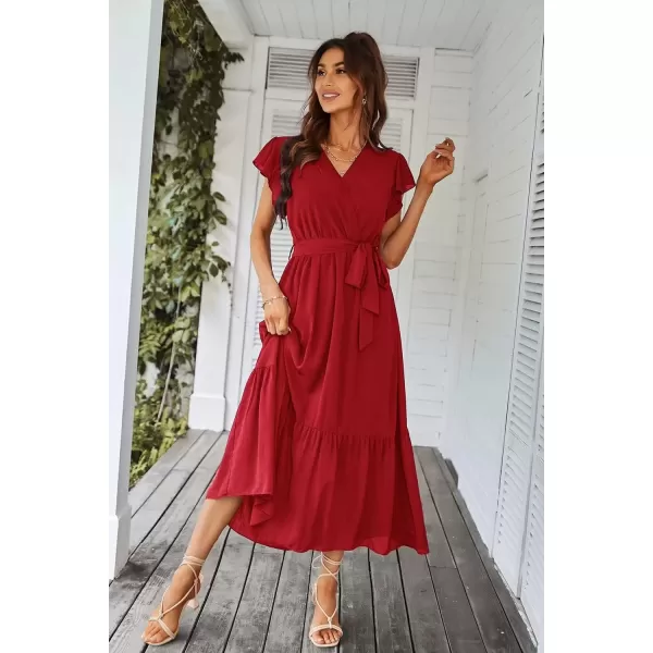 imagePRETTYGARDEN Womens 2024 Floral Boho Dress Wrap V Neck Short Sleeve Belted Ruffle Hem ALine Flowy Maxi DressesSolid Wine Red