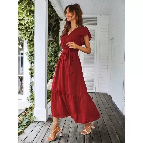 imagePRETTYGARDEN Womens 2024 Floral Boho Dress Wrap V Neck Short Sleeve Belted Ruffle Hem ALine Flowy Maxi DressesSolid Wine Red