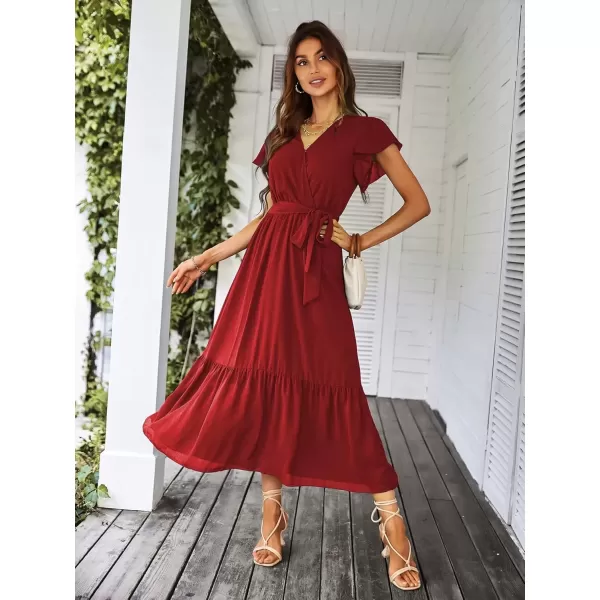imagePRETTYGARDEN Womens 2024 Floral Boho Dress Wrap V Neck Short Sleeve Belted Ruffle Hem ALine Flowy Maxi DressesSolid Wine Red