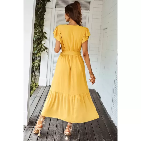 imagePRETTYGARDEN Womens 2024 Floral Boho Dress Wrap V Neck Short Sleeve Belted Ruffle Hem ALine Flowy Maxi DressesSolid Yellow