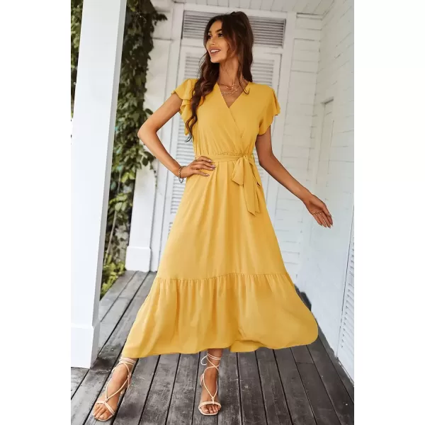 imagePRETTYGARDEN Womens 2024 Floral Boho Dress Wrap V Neck Short Sleeve Belted Ruffle Hem ALine Flowy Maxi DressesSolid Yellow