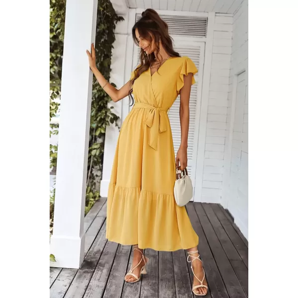 imagePRETTYGARDEN Womens 2024 Floral Boho Dress Wrap V Neck Short Sleeve Belted Ruffle Hem ALine Flowy Maxi DressesSolid Yellow
