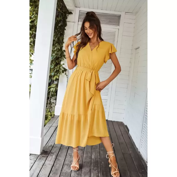 imagePRETTYGARDEN Womens 2024 Floral Boho Dress Wrap V Neck Short Sleeve Belted Ruffle Hem ALine Flowy Maxi DressesSolid Yellow