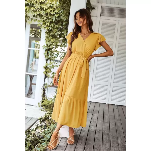 imagePRETTYGARDEN Womens 2024 Floral Boho Dress Wrap V Neck Short Sleeve Belted Ruffle Hem ALine Flowy Maxi DressesSolid Yellow