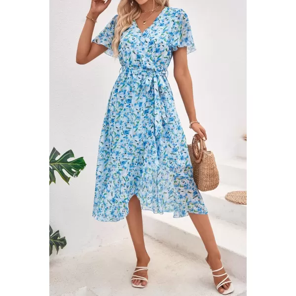 imagePRETTYGARDEN Womens 2024 Floral Boho Dress Wrap V Neck Short Sleeve Belted Ruffle Hem ALine Flowy Maxi DressesWhite Blue Floral