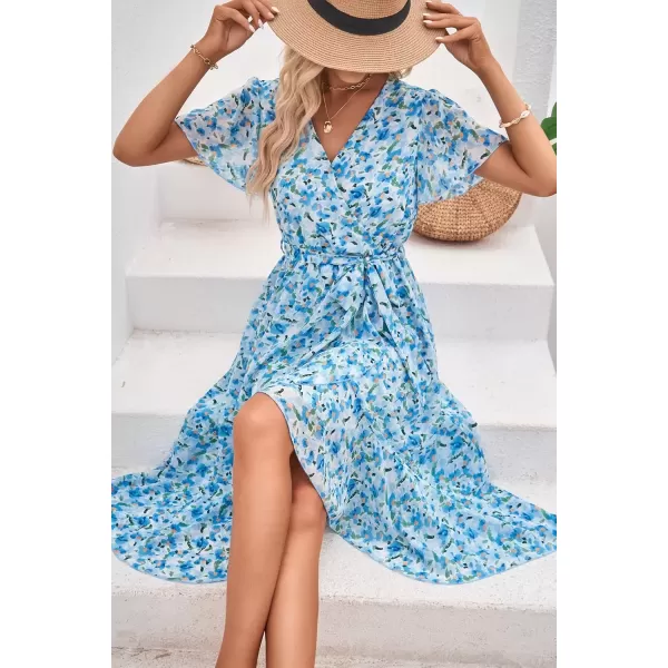 imagePRETTYGARDEN Womens 2024 Floral Boho Dress Wrap V Neck Short Sleeve Belted Ruffle Hem ALine Flowy Maxi DressesWhite Blue Floral
