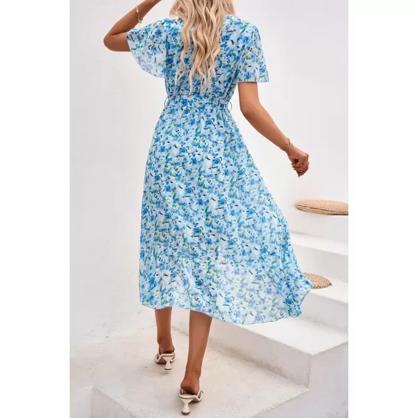 imagePRETTYGARDEN Womens 2024 Floral Boho Dress Wrap V Neck Short Sleeve Belted Ruffle Hem ALine Flowy Maxi DressesWhite Blue Floral