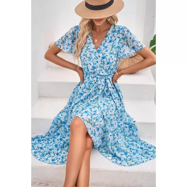 imagePRETTYGARDEN Womens 2024 Floral Boho Dress Wrap V Neck Short Sleeve Belted Ruffle Hem ALine Flowy Maxi DressesWhite Blue Floral