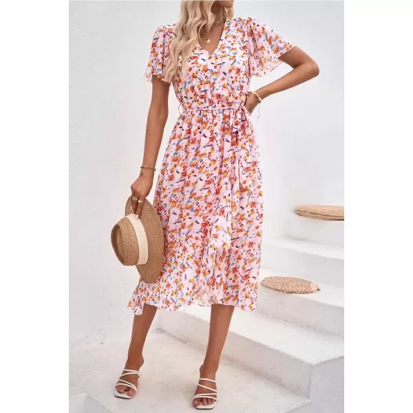 imagePRETTYGARDEN Womens 2024 Floral Boho Dress Wrap V Neck Short Sleeve Belted Ruffle Hem ALine Flowy Maxi DressesWhite Orange Floral