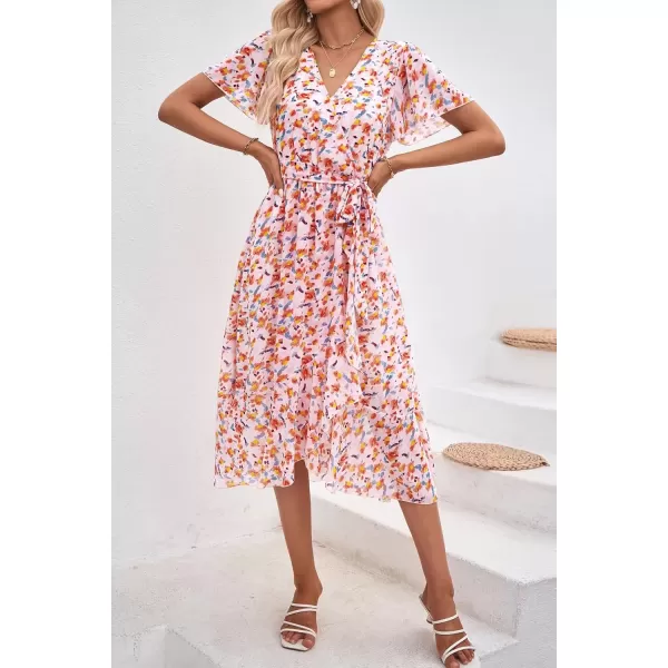imagePRETTYGARDEN Womens 2024 Floral Boho Dress Wrap V Neck Short Sleeve Belted Ruffle Hem ALine Flowy Maxi DressesWhite Orange Floral