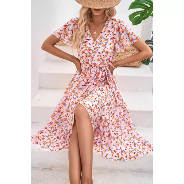imagePRETTYGARDEN Womens 2024 Floral Boho Dress Wrap V Neck Short Sleeve Belted Ruffle Hem ALine Flowy Maxi DressesWhite Orange Floral