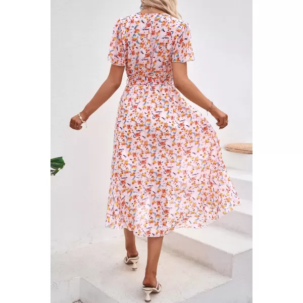 imagePRETTYGARDEN Womens 2024 Floral Boho Dress Wrap V Neck Short Sleeve Belted Ruffle Hem ALine Flowy Maxi DressesWhite Orange Floral