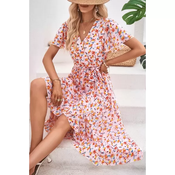 imagePRETTYGARDEN Womens 2024 Floral Boho Dress Wrap V Neck Short Sleeve Belted Ruffle Hem ALine Flowy Maxi DressesWhite Orange Floral