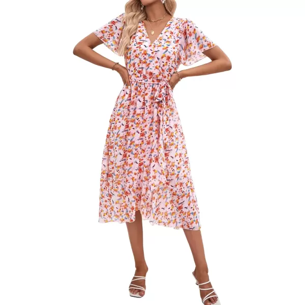 imagePRETTYGARDEN Womens 2024 Floral Boho Dress Wrap V Neck Short Sleeve Belted Ruffle Hem ALine Flowy Maxi DressesWhite Orange Floral