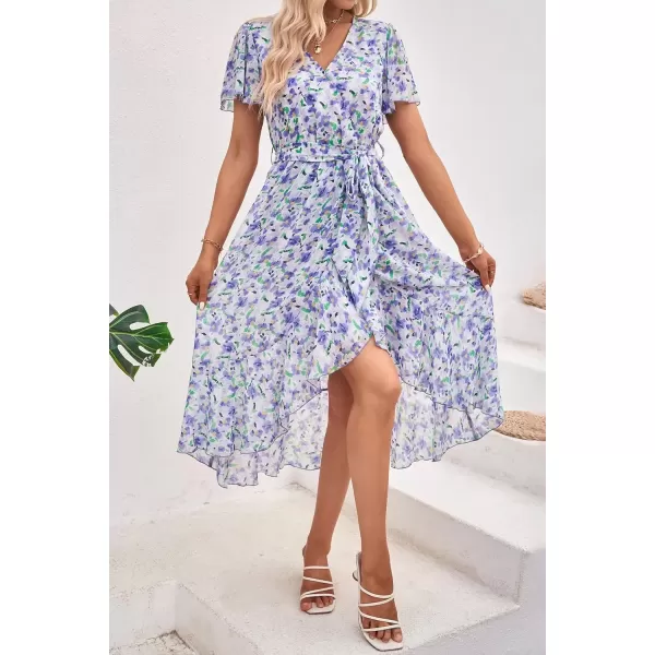 imagePRETTYGARDEN Womens 2024 Floral Boho Dress Wrap V Neck Short Sleeve Belted Ruffle Hem ALine Flowy Maxi DressesWhite Purple Floral